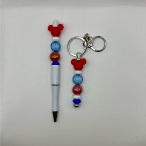 Mouse Ears beaded Pen and Keychain Set - Red and Blue